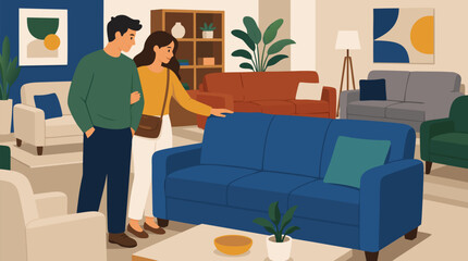 Fototapeta premium Happy young couple shops together for stylish sofa in modern furniture showroom, exploring comfortable home décor options, interior design choices, and quality living room furnishings for their new