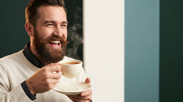 Happy man with beard enjoying hot tea in cozy indoor setting  