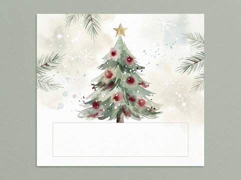 Christmas tree card with pine branches and snowflakes for festive greetings.