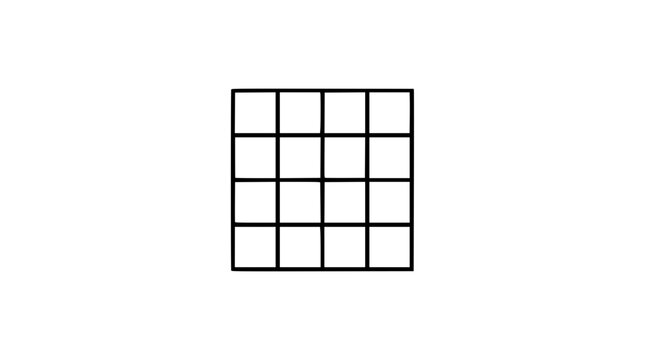 Minimal square grid vector icon with bold black line cells, clean geometric illustration for dashboards, calendars, worksheets, mosaic planning, wireframes, data tables, and design templates