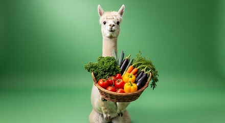 Fototapeta premium Funny White Llama Holding a Wicker Basket Full of Fresh Organic Vegetables, Healthy Eating and Sustainable Farming Concept on Green Background