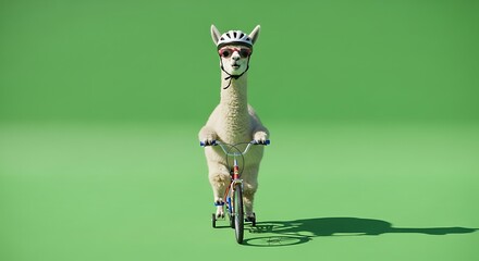 Fototapeta premium Funny White Llama Riding a Small Bicycle Wearing a Helmet and Sunglasses on a Green Screen Background, Humorous Animal Concept for Creative Video Production and Advertising
