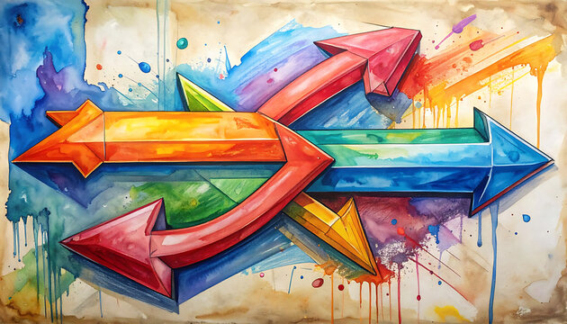 Colorful graffiti arrows with watercolor splashes on textured paper background, urban art and street style