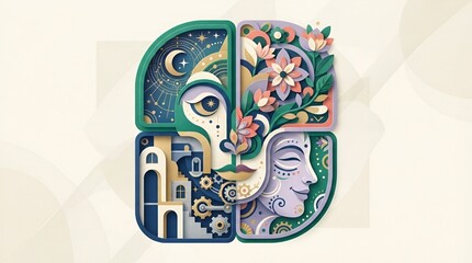 Fototapeta premium Abstract Human Brain Concept with Face, Flowers, Cogs, and Night Sky Illustration