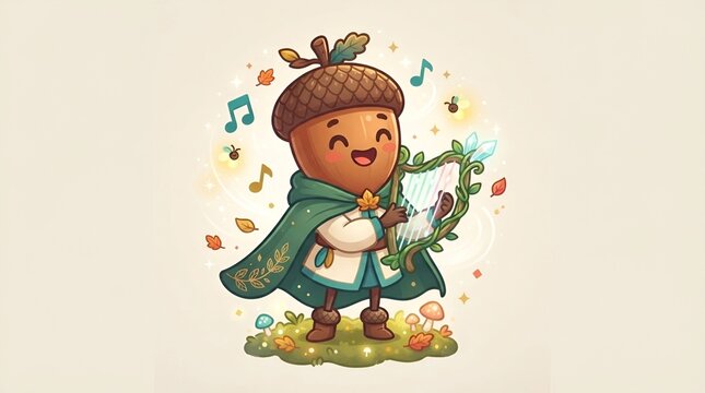 Cute Kawaii Acorn Bard Character Playing Magic Harp Illustration