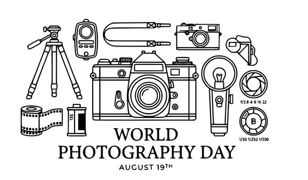 World Photography Day black white photography gear abstract banner collection | Lens aperture shutter speed light flare prism editable stroke illustration on white background