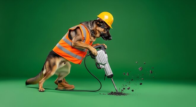 German Shepherd Construction Worker Dog Using Jackhammer Pneumatic Drill Wearing Yellow Hard Hat and Safety Vest on Solid Green Background Humorous Concept