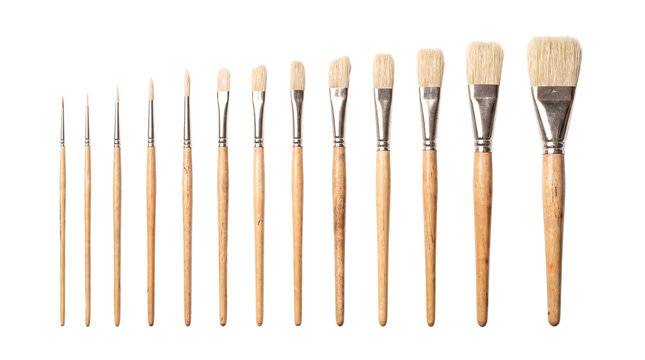 Various Artist Paint Brushes in a Row Isolated on White