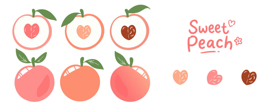 Cute hand drawn peach collection with sweet fruit illustrations, heart shaped seeds, playful typography, and flat vector elements for stickers, fabric, nursery prints, packaging, and summer design
