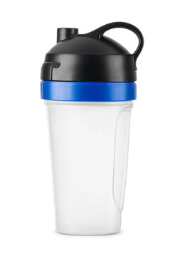 Clear plastic shaker bottle with blue lid and black cap isolated on white background