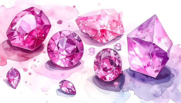 Collection of vibrant pink and purple gemstones, faceted jewels, watercolor splash, scattered crystals, luxury and elegance