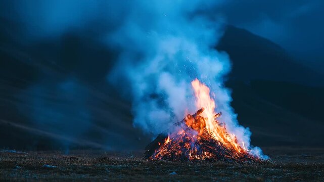 A traditional Hindu cremation pyre in an open outdoor setting, cultural and spiritual ceremony concept, respectful atmosphere, smoke rising into sky, symbolic ritual scene, natural