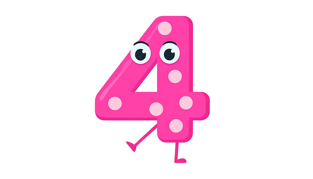 Cute cartoon number 4 character with pink polka dots and big cartoon eyes, dancing on a white background, perfect for educational materials and children's designs