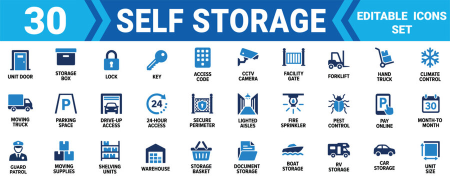 Set of 30 blue and black self storage icons for warehouse and moving facility business services Minimal solid fill icon set bundle collection. Editable Vector Illustration Mega pack
