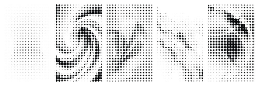 Set of five abstract halftone dot patterns, monochrome vector backgrounds with distorted circular and wavy shapes, modern graphic design elements for posters and prints