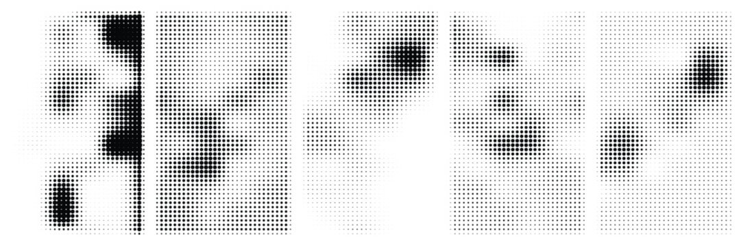 Set of five abstract halftone dot patterns with varying density and gradient intensity, creating dynamic black and white textures for modern graphic design backgrounds