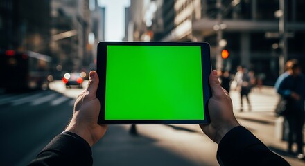 Obraz premium Person Holding Digital Tablet with Green Screen Chroma Key Mockup in a Busy City Street; POV View of Mobile Device in Blurred Urban Environment