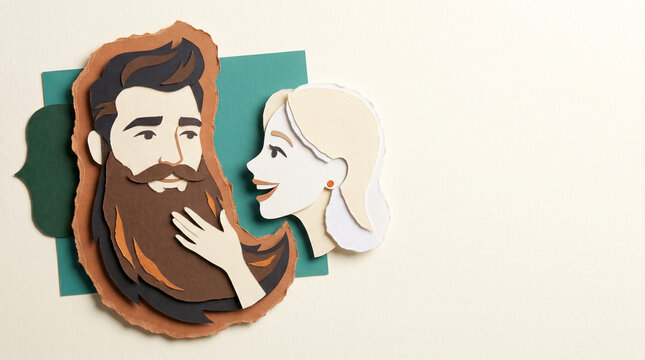 Woman admiring a bearded man in illustrated paper art composition  