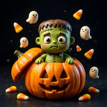 Cute 3d stylized Frankenstein monster popping out of a pumpkin for microstock, web design, and digital merchandise assets