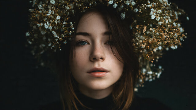 Portrait de jeune fille avec d&eacute;coration florale dans les cheveux