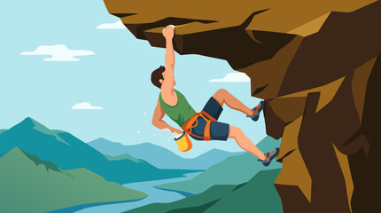 Fototapeta premium Adventurous male athlete chalking hands gripping rocky overhang during intense rock climbing expedition in majestic mountain range with river valley below vibrant vector illustration for sports