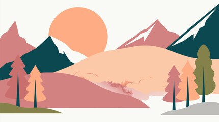 Fototapeta premium Abstract mountain landscape at sunset with watercolor wash blending peach and dusty rose, geometric pine trees, rolling hills, and large sun disk in minimalist vector illustration style for modern