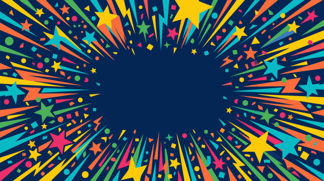 Vibrant confetti explosion border with colorful stars, streamers, dots and lightning shapes bursting from edges toward dark center, festive celebration frame vector background illustration for party