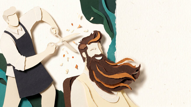 Barber trimming a man's beard in a creative paper style  
