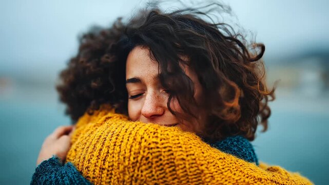 Heartfelt hug between friends, empathetic connection, emotional wellbeing concept, support and comfort photography, human connection, mental health awareness, soft natural light