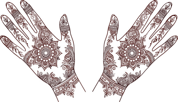 Traditional henna tattoo design with intricate mandala patterns on human hands isolated vector illustration background