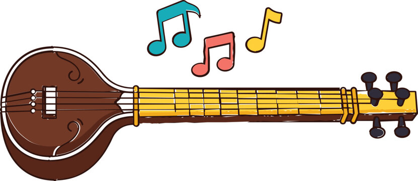 Traditional indian sitar tanpura string musical instrument vector illustration with colorful floating melody notes background