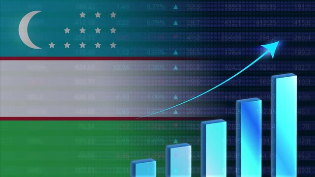 Uzbekistan economy growth concept background.Uzbekistan stock exchange.Uzbekistan flag with stock market graph and bar
