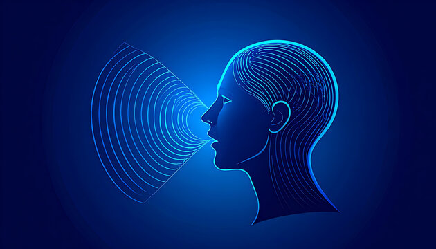 Digital head profile emitting sound waves, representing voice recognition and audio technology on a dark blue background