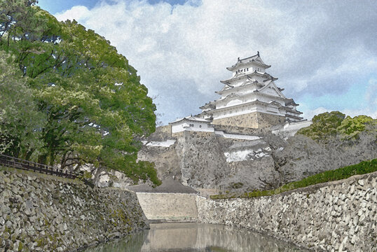 世界遺産・姫路城の白亜の大天守と、歴史を刻む高い石垣が内堀に映える荘厳な景観/Stately Scenery of the Grand Keep and Inner Moat of the World Heritage Site Himeji Castle