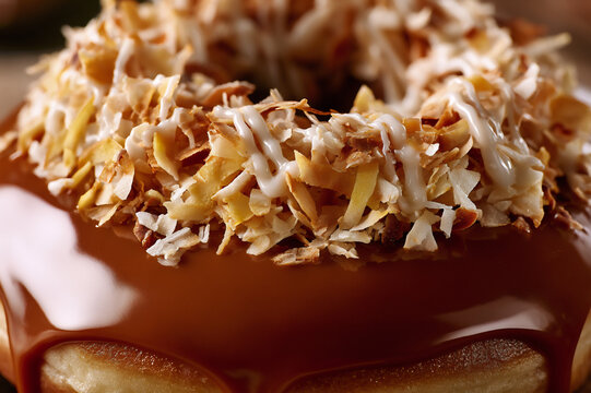 Close up of a caramel glazed donut heavily topped with toasted shaved coconut
