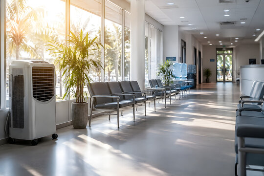 Modern hospital waiting room during heatwave with portable cooling unit, sunlit windows and copy space, highlighting healthcare preparedness and climate resilience.
