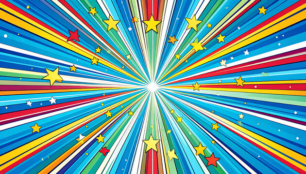 Exploding colorful starburst pattern with yellow stars, pixel art, abstract retro comic book style background