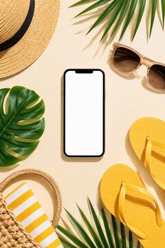 A Vibrant Summer Flat Lay Featuring Essentials: Smartphone, Sunglasses, Straw Hat, Beach Sandals, and Tropical Foliage for Ultimate Vacation Vibes