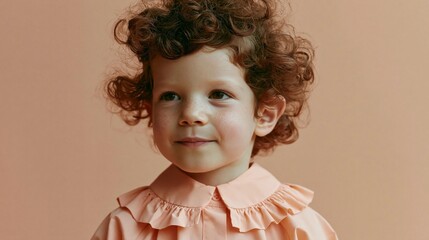 Fototapeta premium Portrait of a young child, likely a toddler, with curly hair. the child is looking directly at the camera with a slight smile on their face.