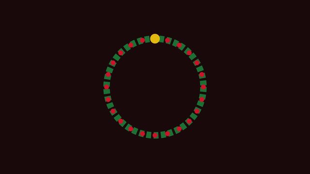 Abstract geometric motion yellow dot orbiting a circular ring of green squares and red circles on dark animation 4k background