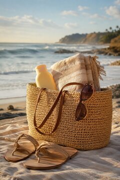 A Relaxing Day at the Beach with a Woven Straw Bag, Sunglasses, a Beach Towel, Flip Flops, and Sunscreen Against a Scenic Coastal Background