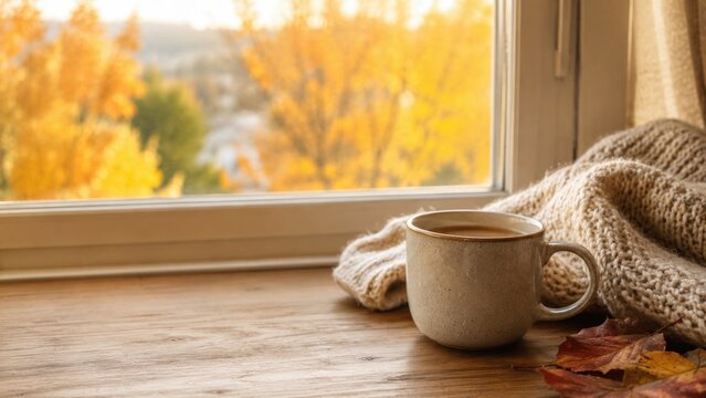 A Cozy Scene of a Warm Drink on a Wooden Window Sill with Autumn Leaves and Soft Knit Blanket in the Background