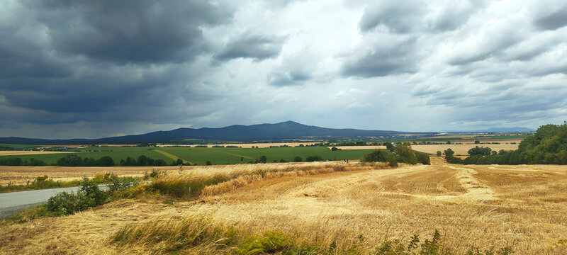 Slovakia Rural Landscape: Golden Wheat Fields and Dramatic Stormy Sky