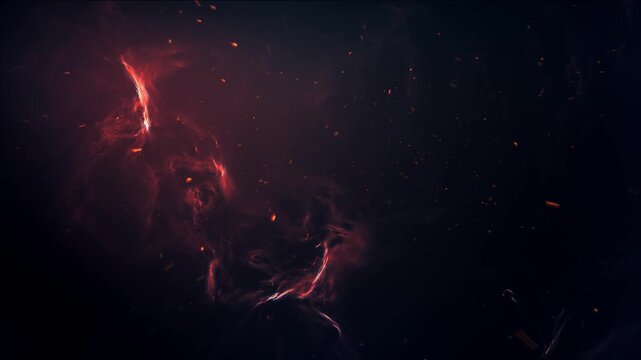 deep fire lava cave,  fire ember particles flow, volcano terrain, loop background