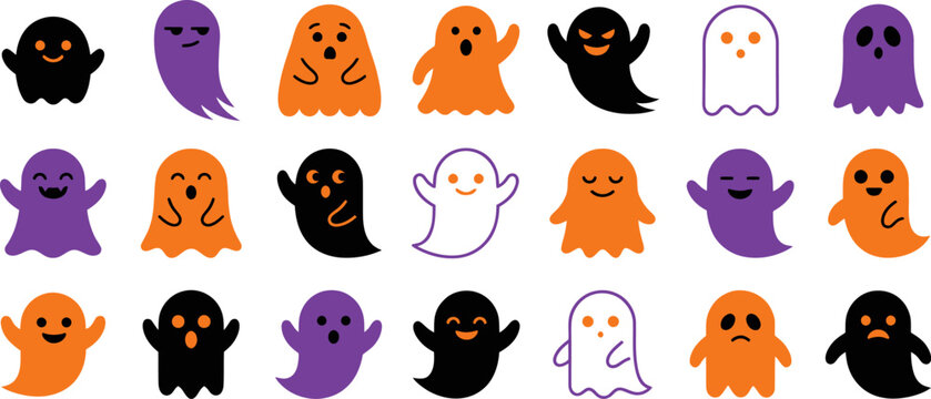 Set scary and funny ghosts with faces colourfull halloween vactor on transparent backgraund.