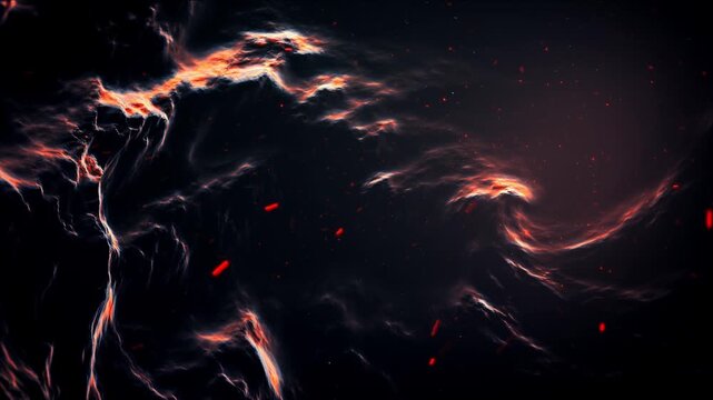 deep fire lava cave,  fire ember particles flow, volcano terrain, loop background