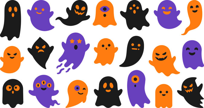 Set scary and funny ghosts with faces colourfull halloween vactor on transparent backgraund.