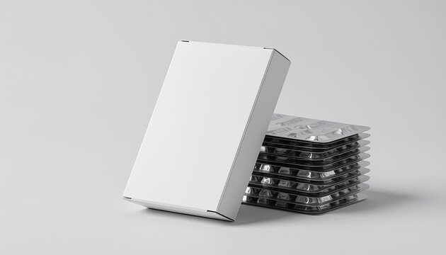 Medium close-up shot of a blank white cardboard box mockup leaning on a stack of silver blister packs on a light grey background under soft studio light