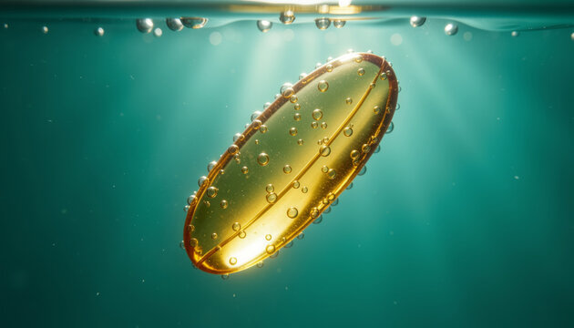 Extreme close-up of a translucent golden gel capsule floating underwater surrounded by air bubbles under soft light rays against a deep teal background