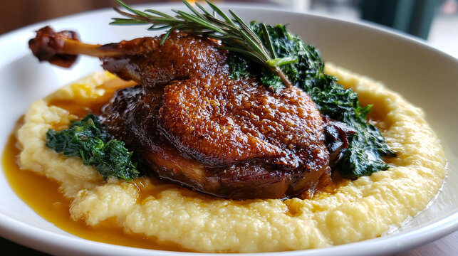Duck confit served over creamy polenta with vibrant greens in a cozy setting